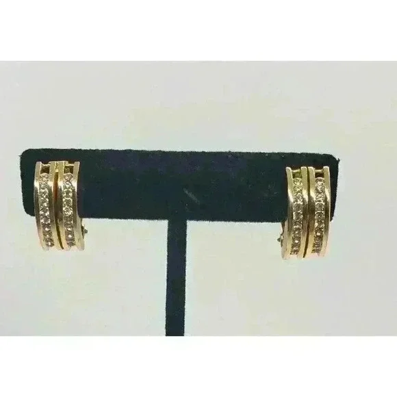 Vintage Hanae Mori Chanter Paris Clip Gold Rhinestone Earrings - Picture 1 of 11